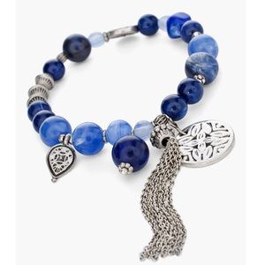 Chicos Blue Beaded Silver Tassel Stretch Bracelet